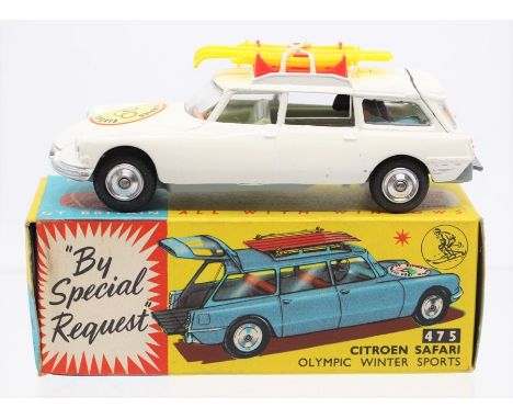 Corgi: A boxed, Corgi Toys, Citroen Safari, Olympic Winter Sports, 475, complete with skis and one skier, white vehicle.