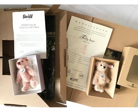 Steiff miniature Annual Gift Pale Pink Bear, 421273 and miniature Rose Bear, 2003 club bear, both with certificates, boxed as