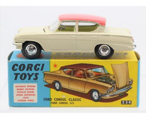 Corgi: A boxed, Corgi Toys, Ford Consul Classic, 234, cream body, pink roof, lemon interior.