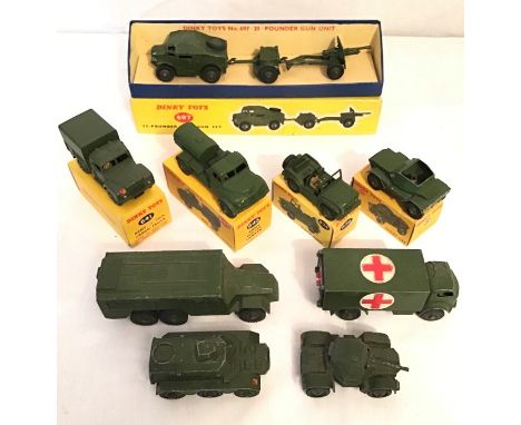 Dinky Army Vehicles: 25 pounder field gun set, 1 ton cargo truck, water tanker, Austin Champ, Scout Car, all boxed, along wit