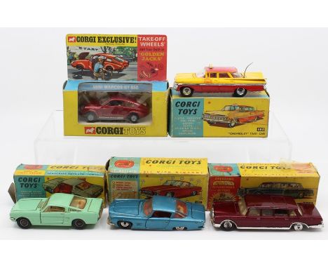 Corgi: A collection of five boxed Corgi Toys to comprise: Ford Mustang Flatback 2+2, 320; Mercedes Benz 600 Pullman, 247; Che