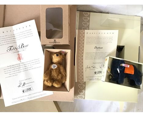 Steiff miniature club Bear, cinnamon 2002 and miniature blue elephant 2007 , both with certificates, boxed as new