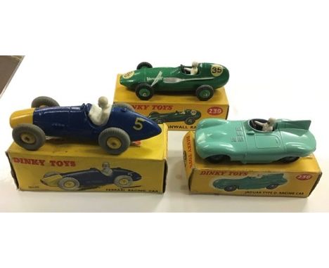 Dinky: A collection of three boxed Dinky Toys, to comprise: 23H, Ferrari Racing Car, blue body, in yellow illustrated box, cr