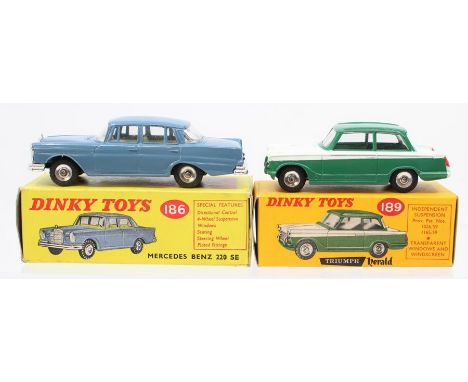 Dinky: A boxed, Dinky Toys, 186, Mercedes Benz 220 SE, blue body, box creased and scuffed to corners; together with a boxed, 