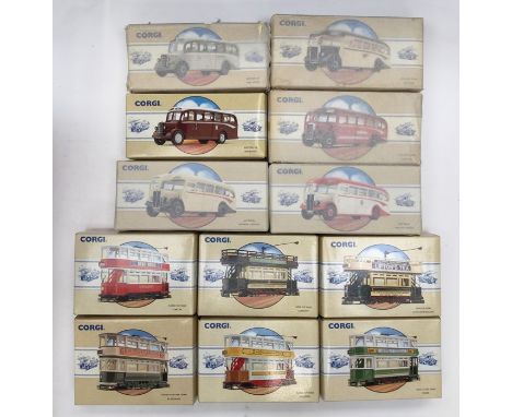 Corgi: A collection of Corgi Classic Commercials, including buses and trams, some still tissue wrapped unopened.&nbsp;