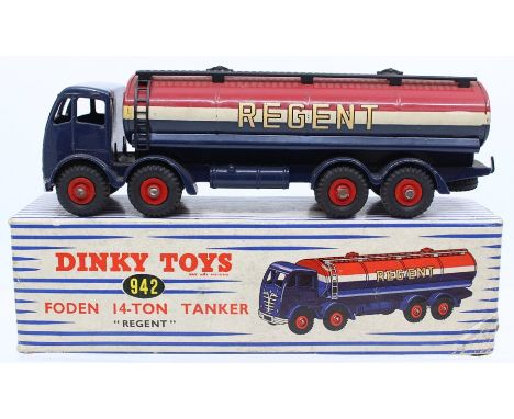 Dinky: A boxed, Dinky Toys, 942, Foden 14-Ton Tanker, 'Regent', red, white and blue vehicle, vehicle appears good, slight pai