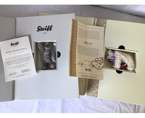 Steiff miniature grey Alpaca Bear, 421129 and miniature Polar Bear, 420511, both with certificate, boxed as new.