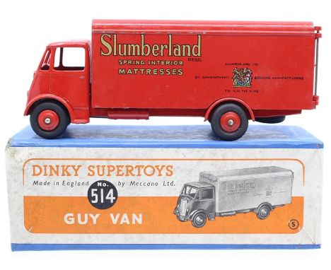 Dinky: A boxed, Dinky Supertoys, Guy Van, 514, Slumberland Matresses, red body, slight paint chips, box worn.