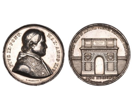 PAPAL STATES, Reconstruction of the Porta San Pancrazio, 1856, a silver medal by P. Girometti, bust of Pius IX right, rev. vi