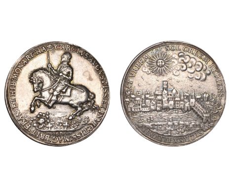 Charles I, Return to London, 1633, a cast silver medal by N. Briot, king on horseback left, holding sceptre in right hand, Ey