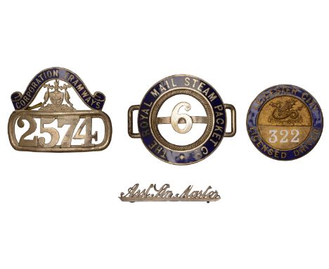 Glasgow, Corporation Tramways, a silvered-brass and enamel cap badge, No. 2574, 73 x 58mm; Leicester, a brass and enamel Lice