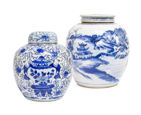A Chinese Porcelain Ginger Jar and Cover, 19th century, painted in underglaze blue to the front and back with a pair of boys 