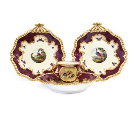 A Flight, Barr &amp; Barr Worcester Porcelain Chocolate Cup, circa 1830, claret ground and painted with a shaped panel contai