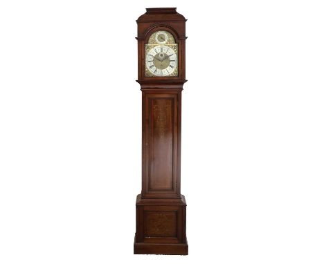 A Mahogany Inlaid Chiming Longcase Clock, circa 1900, caddied pediment, inlaid trunk door with urn and floral decoration, 12-