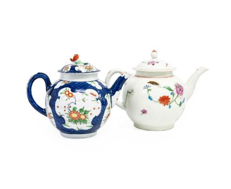 A Worcester Porcelain Teapot and Cover, circa 1770, of globular form, painted in coloured enamels with the "Harvest Bug" patt