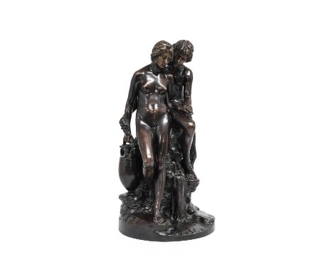 After Rheinhold Boeltzig (1863-1941): A Bronze Group of a Youth and Girl, sitting on a rocky outcrop, an amphora at her side,