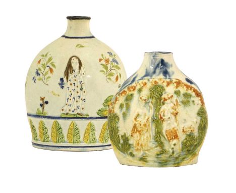 A Pratt Ware Flask, circa 1800, of flattened ovoid form, moulded and painted with classical figures and foliage15cm highA Sim