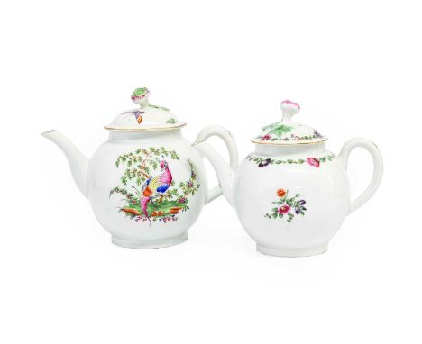A Worcester Porcelain Teapot and Cover, circa 1775, of globular form and with floral knop, painted in coloured enamels with f