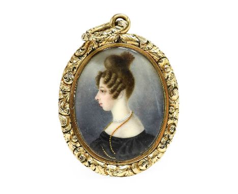 English School (early 19th century): Double Miniature Portrait of a Lady and Gentleman, she with hair up wearing pearls and a