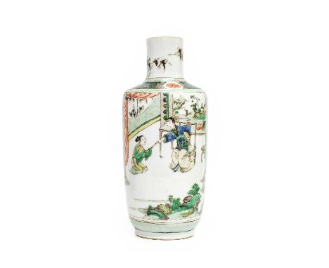 A Chinese Porcelain Vase, Kangxi, bottle form and painted in famille verte enamels with an arrangement of three figures on a 