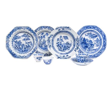 A Chinese Porcelain Teabowl and Saucer, Kangxi, painted in underglaze blue with a roundel containing a rock issuing flowers u