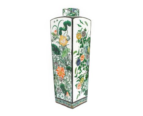 A Chinese Porcelain Vase, Kangxi, of square section form, painted in famille verte enamels with panels of chrysanthemum, prun