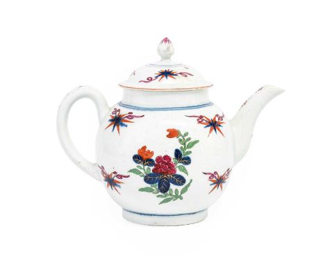 A Worcester Porcelain Tepot and Cover, circa 1770, of globular form, painted in underglaze blue and overglaze enamels with th