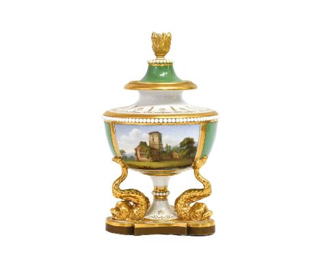 A Flight, Barr &amp; Barr Worcester Porcelain Urn and Cover, circa 1830, with flame finial, beaded mouldings and raised on th