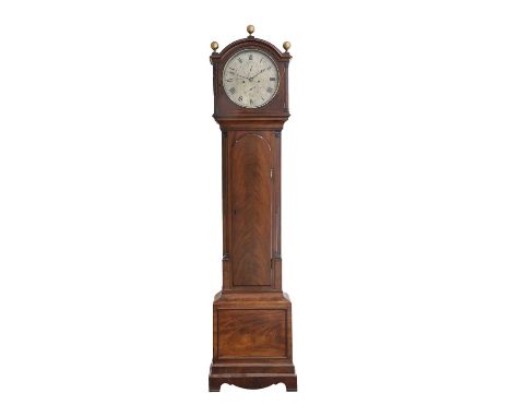 A Good Mahogany Eight Day Longcase Clock, signed Barwise, London, circa 1800, arched pediment with gilded ball finials, flute