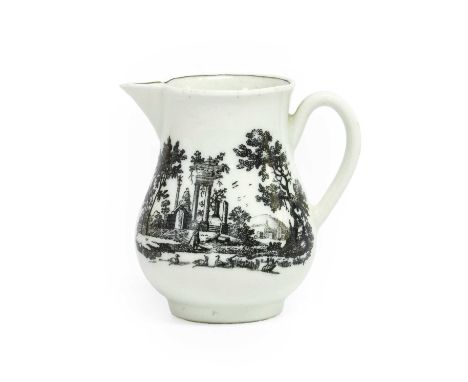 A Worcester Porcelain Sparrow Beak Jug, circa 1765, printed in black after Robert Hancock with classical ruins 7.5cm highProv