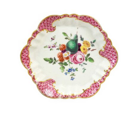 A Worcester Porcelain Teapot Stand, circa 1770, of fluted hexagonal form, painted in the atelier of James Giles with a spray 