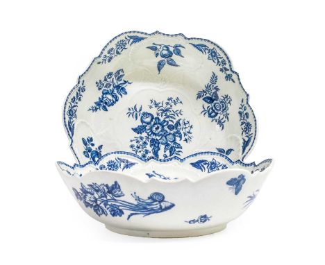 A Pair of Worcester Porcelain Junket Dishes, circa 1775, with scalloped rims and moulded with shells, printed in underglaze b