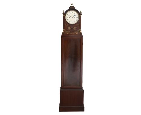 A Mahogany Eight Day Striking Longcase Clock, circa 1850, arched pediment with ball and pineapple finials, inset brass capped