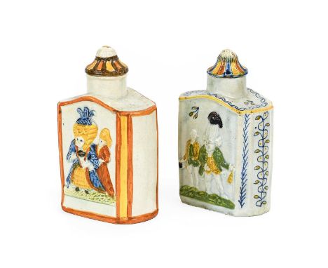 A Pratt Ware Tea Caddy and Cover, circa 1800, moulded with Macaroni figures picked out in colours14cm highA Similar Tea Caddy
