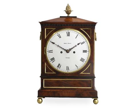 A Mahogany Striking Table Clock, signed Henry Watts, Poole, circa 1820, sloping pediment with pineapple finial, side carrying