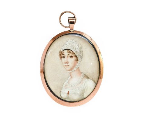 English School (early 19th century): Miniature Bust Portrait of a Young Lady, bust length, wearing a lace bonnet and collar a