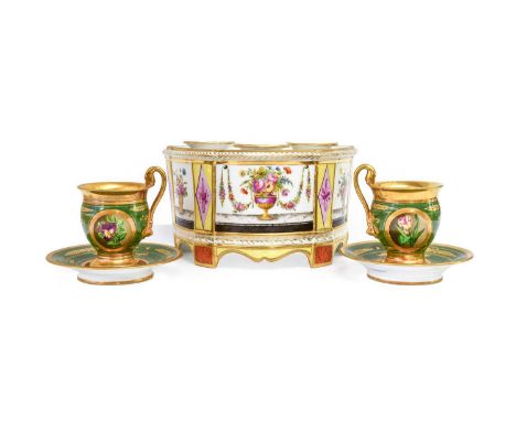 A Darte Porcelain Bough Pot, circa 1810, pale yellow ground and with panels of flowers, with shaped apron and block feet with