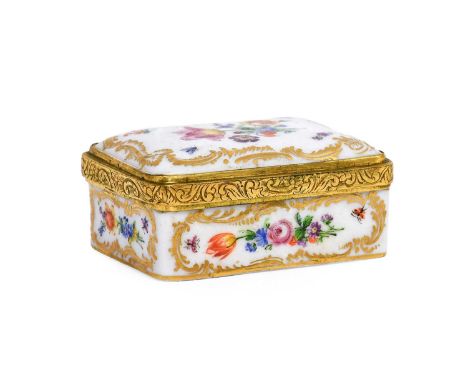 A Meissen Porcelain Trinket Box With Gilt Metal Mounts, 19th century, painted with Deutsche Blumen under gilt scrolling borde