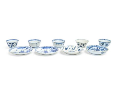 A Pair of Chinese Porcelain "Ca Mau" Tea Bowls and Saucers, Yongzheng, painted in underglaze blue with three figures in an ou