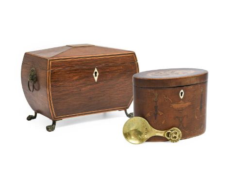 A George III Sycamore and Marquetry Tea Caddy, of oval form, inlaid with a shell patera and a classical urn flanked by scroll