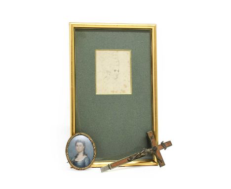 English School (19th century): Miniature Portrait of a Girl, bust length, with ringleted hair, wearing a lace-trimmed blue dr