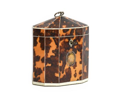 A George III Silver-Mounted and Ivory-Strung Tortoiseshell Tea Caddy, of decagonal form, the domed cover with loop handle enc