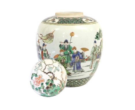 A Chinese Porcelain Ginger Jar and Cover, 19th century, painted with famille verte enamels in Kangxi style depicting a fisher