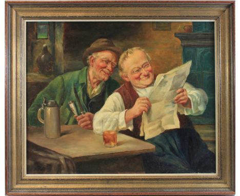 Unbekannter Künstler, Zwei Männer in der Bierstube, Öl a. Lwd., unten links sign.: M. Roht. Maße: 49 x 61 cm, gerahmt: 61 x 7
