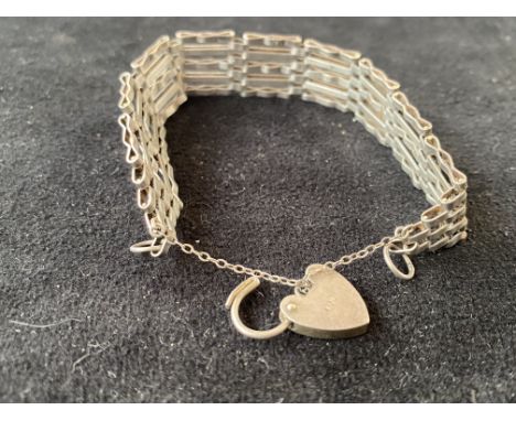 Silver gate bracelet with safety chain &amp; heart shaped locket