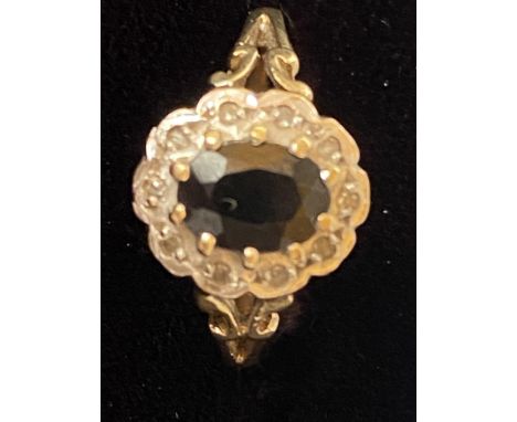 9ct Gold ring set with sapphire &amp; diamonds Size M