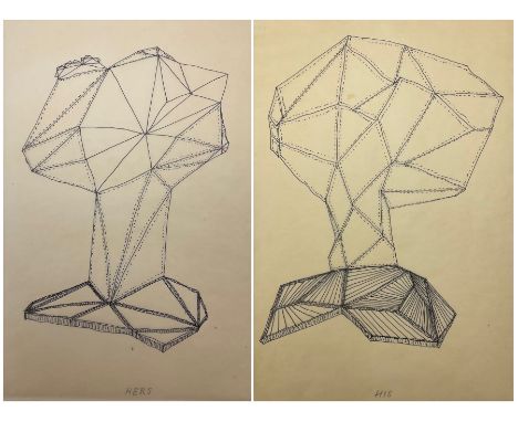 Hugh Segar "Sam" Scorer (British 1923-2003): 'His' and 'Hers' architectural sculpture designs, pair pen on tracing paper unsi