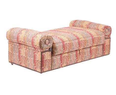 An upholstered sofa or ottoman, of recent manufacture, with 'bolster' ends and locker seat, the hinges unattached and in need