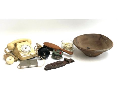 A mixed lot to include Alcock Aerialite bakelite reel, one other fishing reel, rotary dial telephone, cigar case with embosse