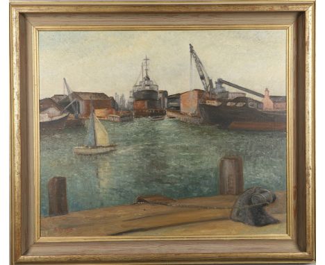 Kathleen Tyson (1898-1982), 20th century oil on canvas, Dry Dock, Poole Harbour, bears label for Society of Marine Artists 19
